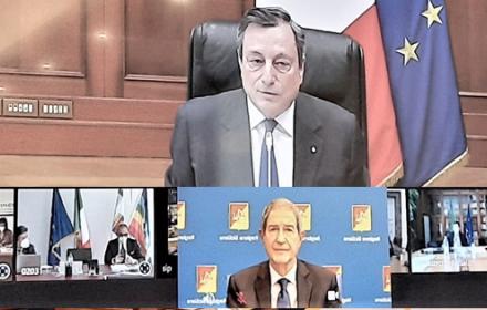 Il presidente Nello Musumeci in video conferenza con il presidente del consiglio Mario Draghi